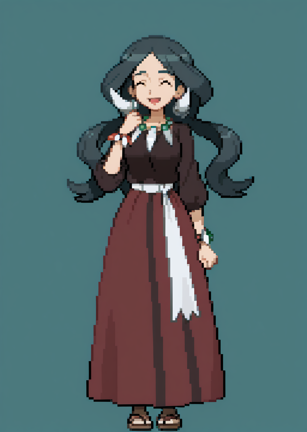 score_9, score_8_up, score_7_up, score_6_up, score_5_up, score_4_up, masterpiece,  detailed, high quality, BREAK, full body, 1girl, shiny skin,    <lora:Drasna (Pokemon X&Y) [Illustrious]:0.8> long hair, black hair, necklace, drasna (pokemon), drasna, eyes closed, hairpiece, closed eyes, mature female, <lora:Trainer_Sprites_for_Illus_2:0.8>