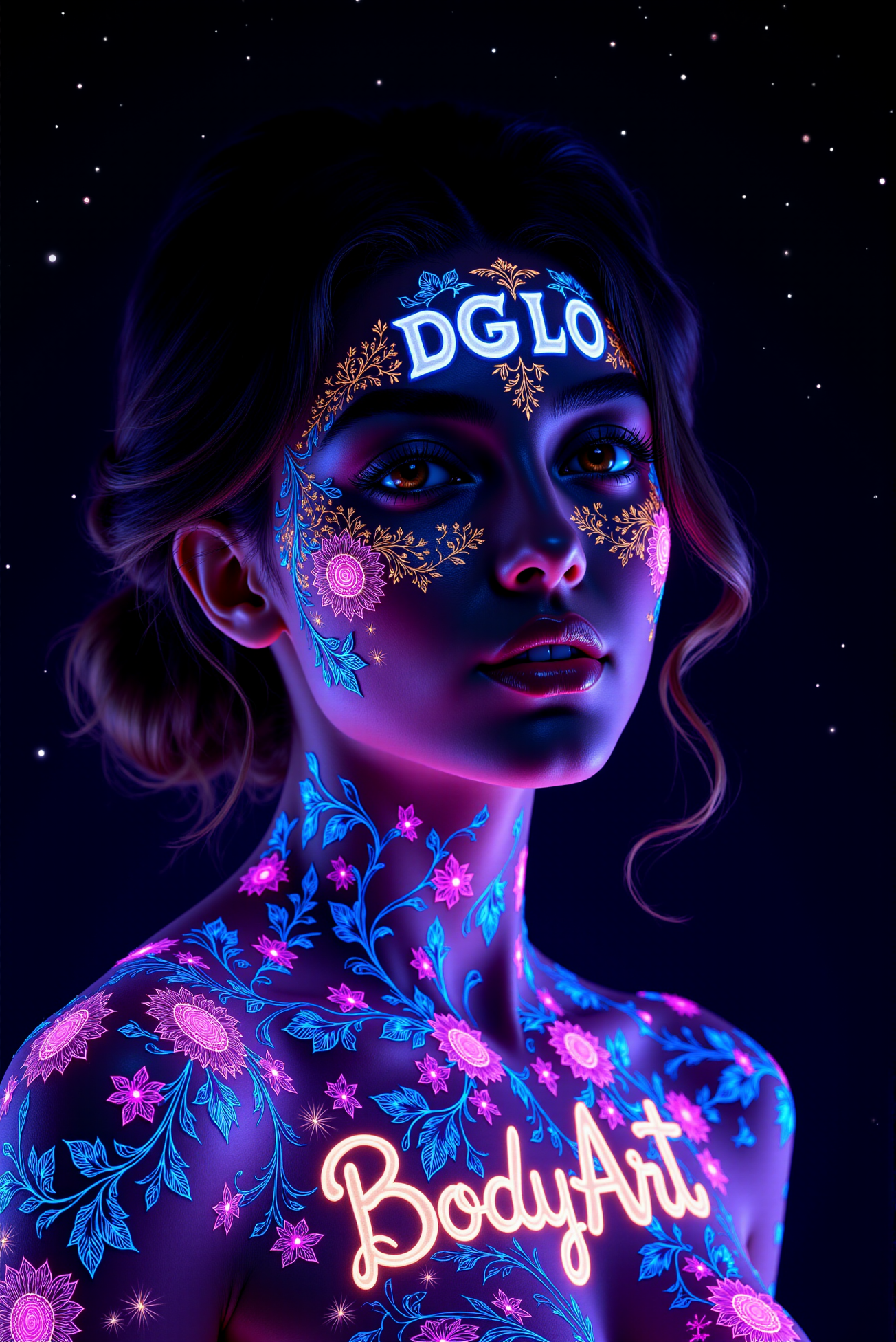 <lora:DGLO_style_v.81:0.75> DGLO style. A young woman of fair complexity, her skin adorned with (fine, intricate body art of ornate floral patterns), which glows in luminous neon shades including blue, white and pink. (Her body art is perfectly interwoven with a calligraphic quality letters "DGLO" on her forehead ((and a bold letters "BodyArt" glowing in amber on upper part of her chest))). She wears a gentle smile. Background is dark, dramatic, almost black night sky with tiny stars.
