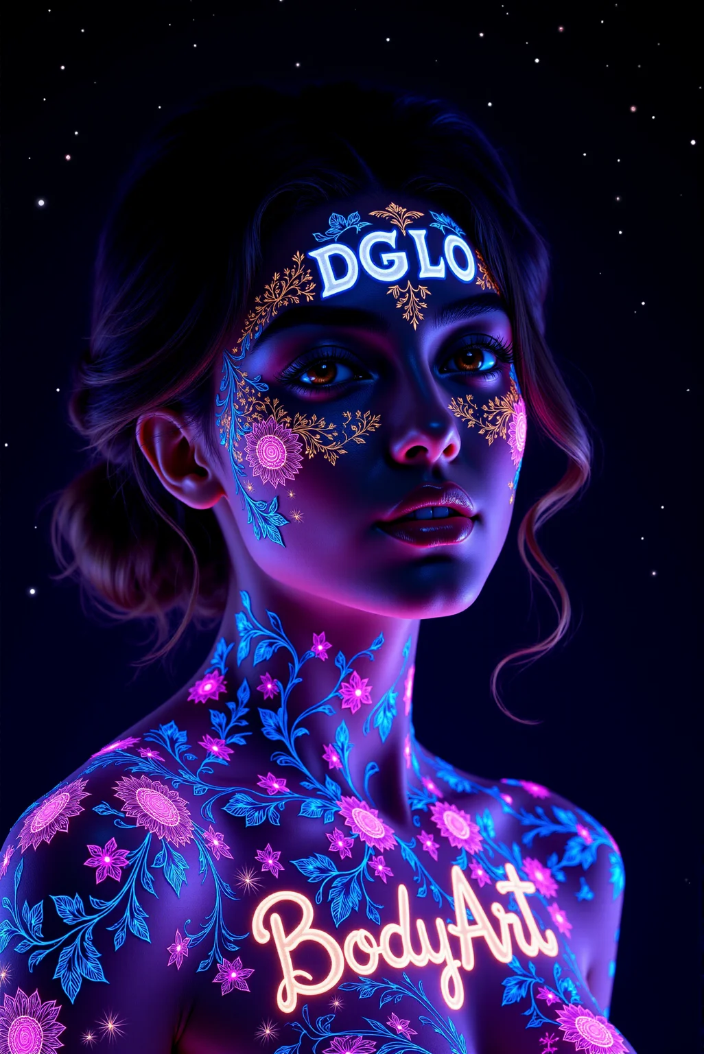 <lora:DGLO_style_v.81:0.75> DGLO style. A young woman of fair complexity, her skin adorned with (fine, intricate body art of ornate floral patterns), which glows in luminous neon shades including blue, white and pink. (Her body art is perfectly interwoven with a calligraphic quality letters "DGLO" on her forehead ((and a bold letters "BodyArt" glowing in amber on upper part of her chest))). She wears a gentle smile. Background is dark, dramatic, almost black night sky with tiny stars.
