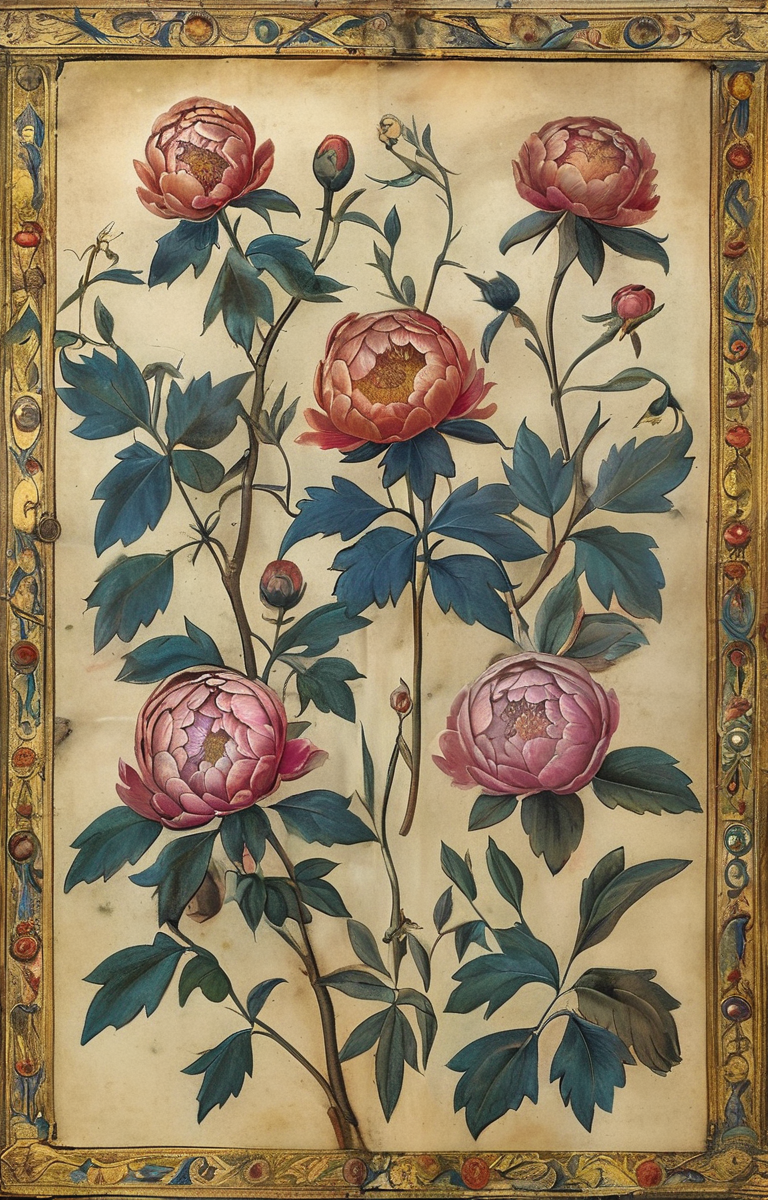 masterpiece,best quality,<lora:tbh294-sdxl:0.9>,illustration,style of Illuminated manuscript decaying peonies