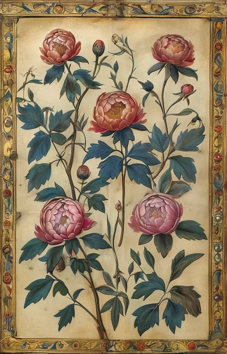 masterpiece,best quality,<lora:tbh294-sdxl:0.9>,illustration,style of Illuminated manuscript decaying peonies
