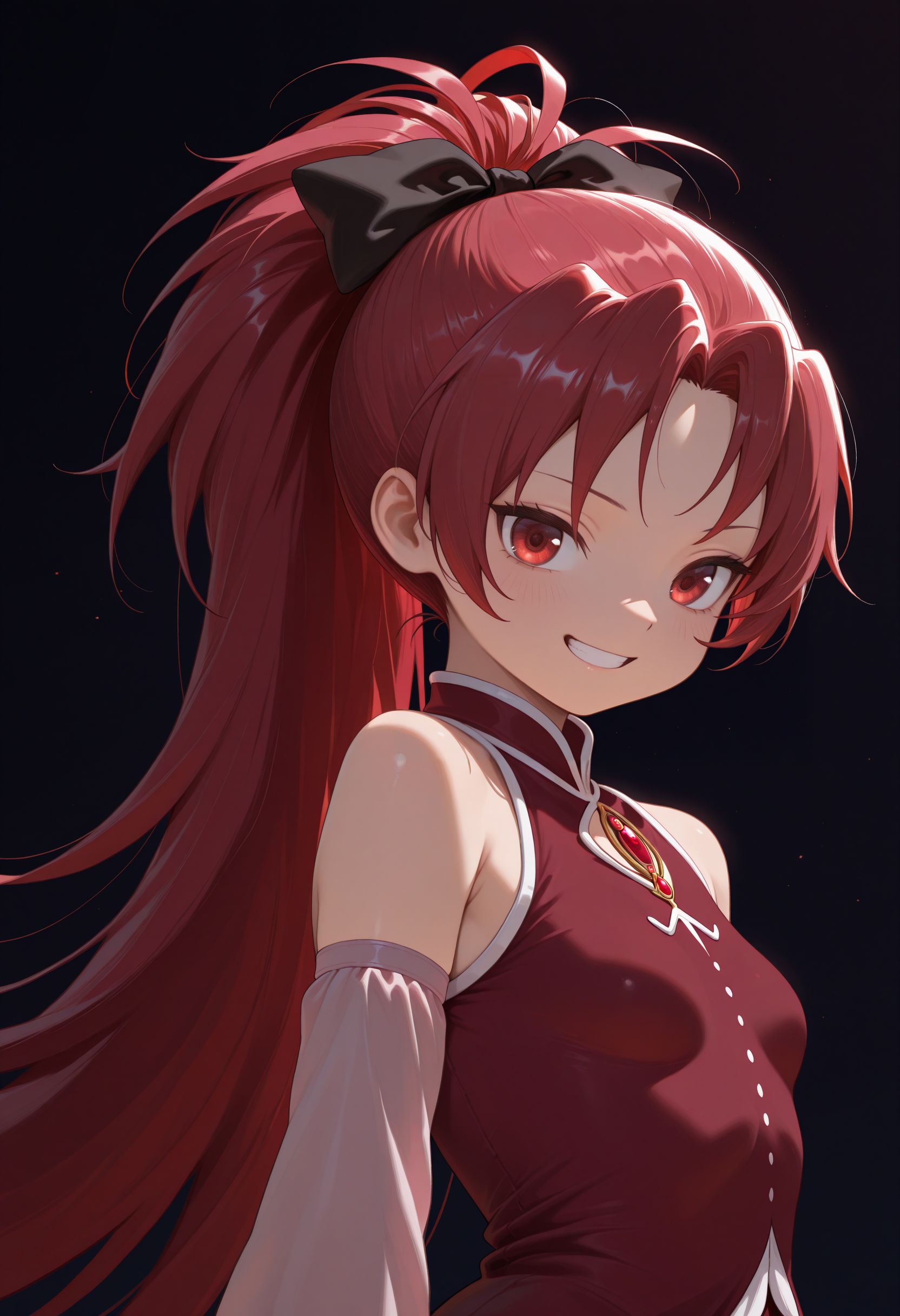 best quality, amazing quality, very aesthetic, absurdres,
 <lora:Sakura Kyoko illu v2:1> 1girl, red eyes, small breasts,ponytail, long hair, very long hair, hair bow, bow, red hair, hair ribbon, , magical girl,  ribbon, black bow,bare shoulders, red dress, long sleeves, detached sleeves, 
upper body, grin, 
solo,
looking at viewer, simple background