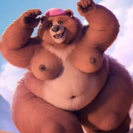 score_9, score_8_up, score_7_up, score_6_up, score_5_up, score_4_up, best quality, masterpiece, obese, bear, pink hat, earrings, brown fur skin, green eyes, hyper breasts, hyper hips, hyper ass, (cellulite:0.7), hyper thighs, pose, seductive, dutch angle <lora:mama bear (puss_in_boots)XL:0.75>