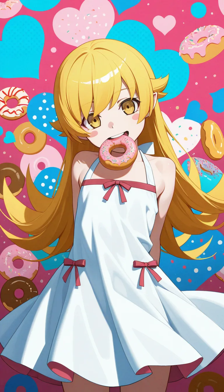 (masterpiece, best quality), safe, amazing quality, very aesthetic, absurdres, highres, newest, HDR, 8K, high detail RAW color art, large pupil, eyelashes,
1girl, solo, oshino shinobu, yellow eyes, blonde hair, long hair, pointy ears, white dress, smile, head tilt, :d, tongue, round teeth, happy, blush stickers, mouth hold, doughnut, halftone, flat chest, heart background, happy, colored lighting, particles
