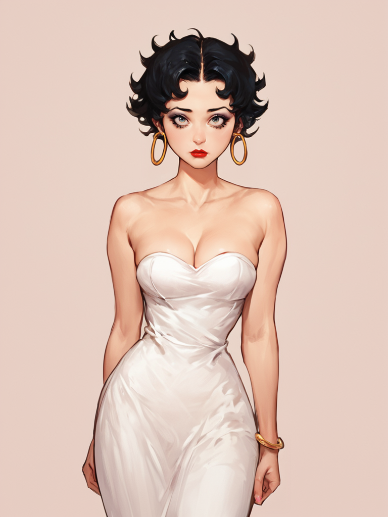 score_7_up, score_8_up, score_9, masterpiece, (perfect hands,:1.2) perfect face, high quality, source_anime, (1girl, solo,) <lora:Betty_Boop_-_Talkartoon:1> bettyboop, black hair, short hair, hoop earrings, dress, strapless, lipstick, makeup, cleavage, cowboy shot,