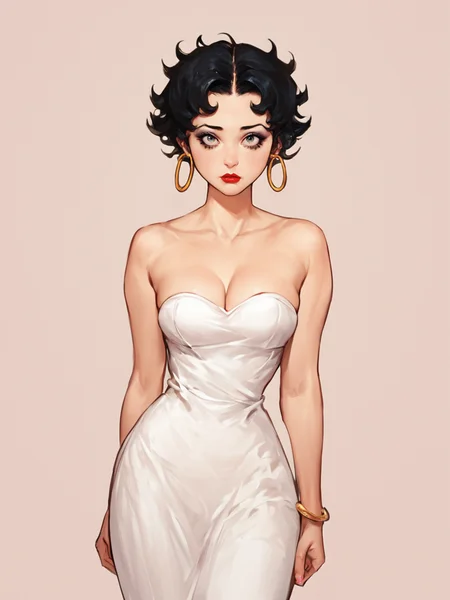 score_7_up, score_8_up, score_9, masterpiece, (perfect hands,:1.2) perfect face, high quality, source_anime, (1girl, solo,) <lora:Betty_Boop_-_Talkartoon:1> bettyboop, black hair, short hair, hoop earrings, dress, strapless, lipstick, makeup, cleavage, cowboy shot,