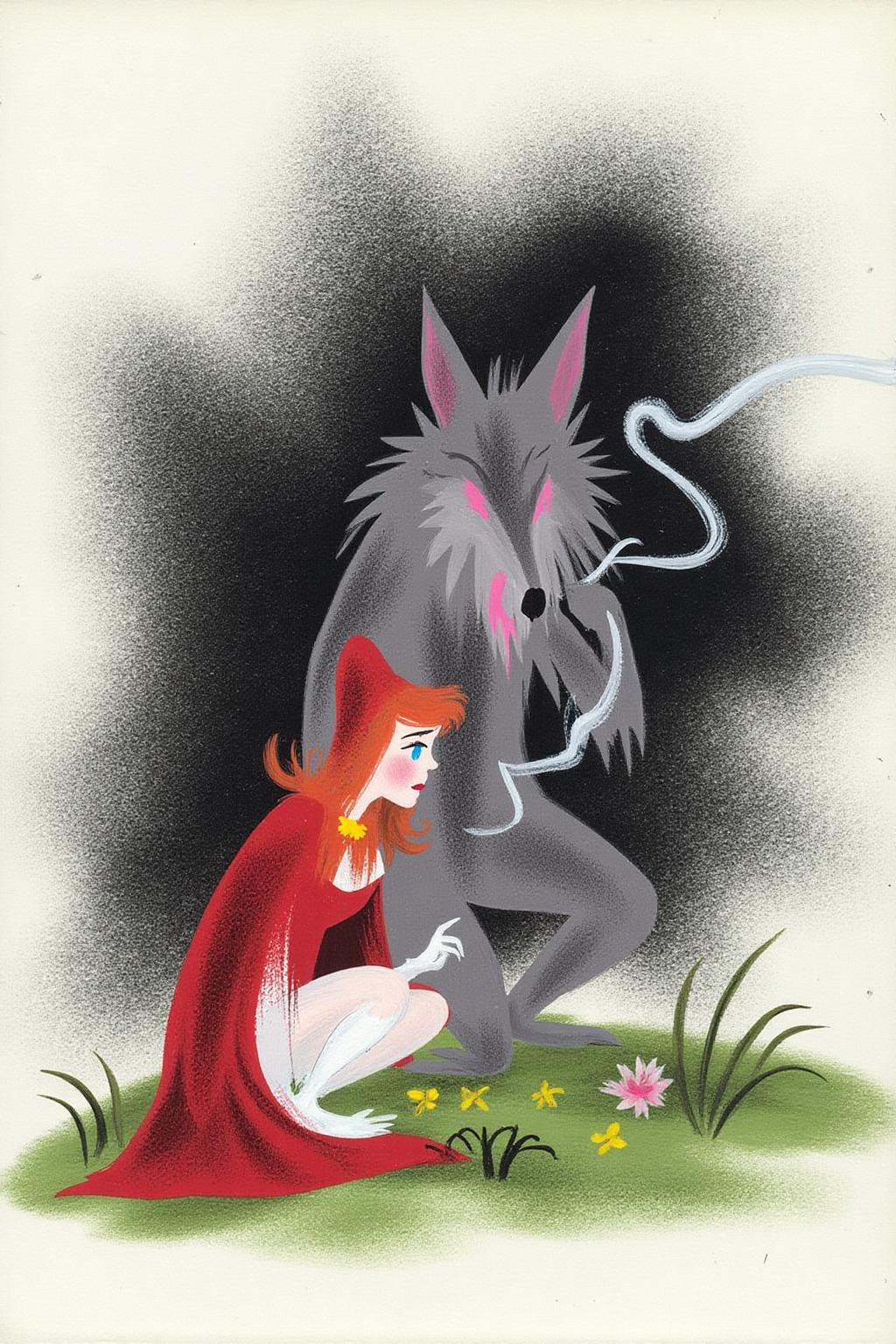 maryblair1 illustration.
A woman with red wavy hair, dressed as Little Red Ridding Hood squatting beside the Big Bad Wolf. She is smoking. <lora:maryblair2_cap_d8a4:1.0><lora:846220497327945587:0>