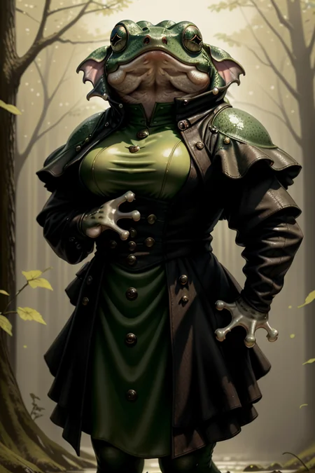 RAW photo, humanoid, a upper body photo of [[man:frog:2] ] a werefrog, frog , Army overcoat, gothic_lolita ,<lora:7_wereanimal_1v5_768_0001BD5e_NR128NA128off-000002:0.6>, best quality ,[[2 pig hands]], in the beautiful sunshine,   facing front, [[furry arms]], furry body ,real detailed furry