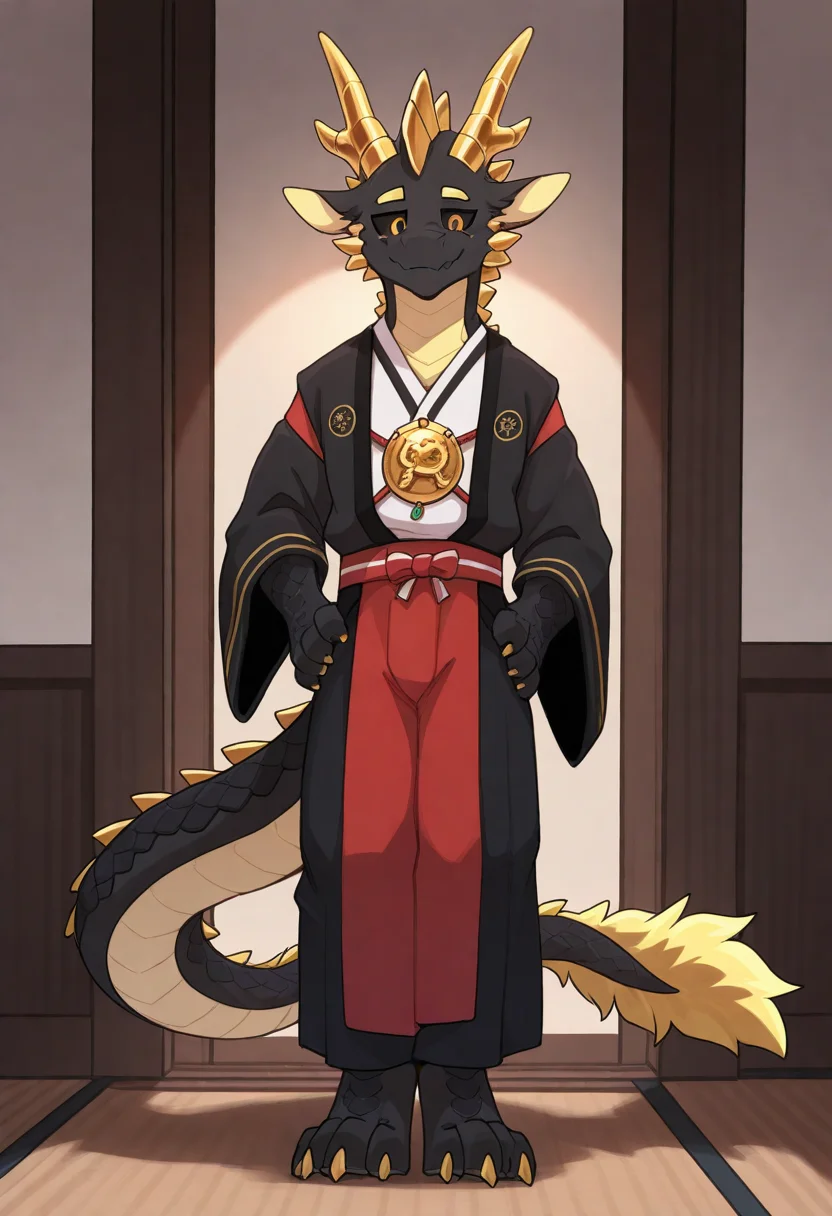 best quality, amazing quality, very aesthetic, absurdres, newest, by pache riggs, male focus, 1boy, solo, BREAK 
furry, dragon, golden horns, black sclera, golden pupil, golden ornament on body, black body, scales, long dragon tail, tail tuft, japanese outfit, <lora:Pache_Riggs_style_Illustrious:1>