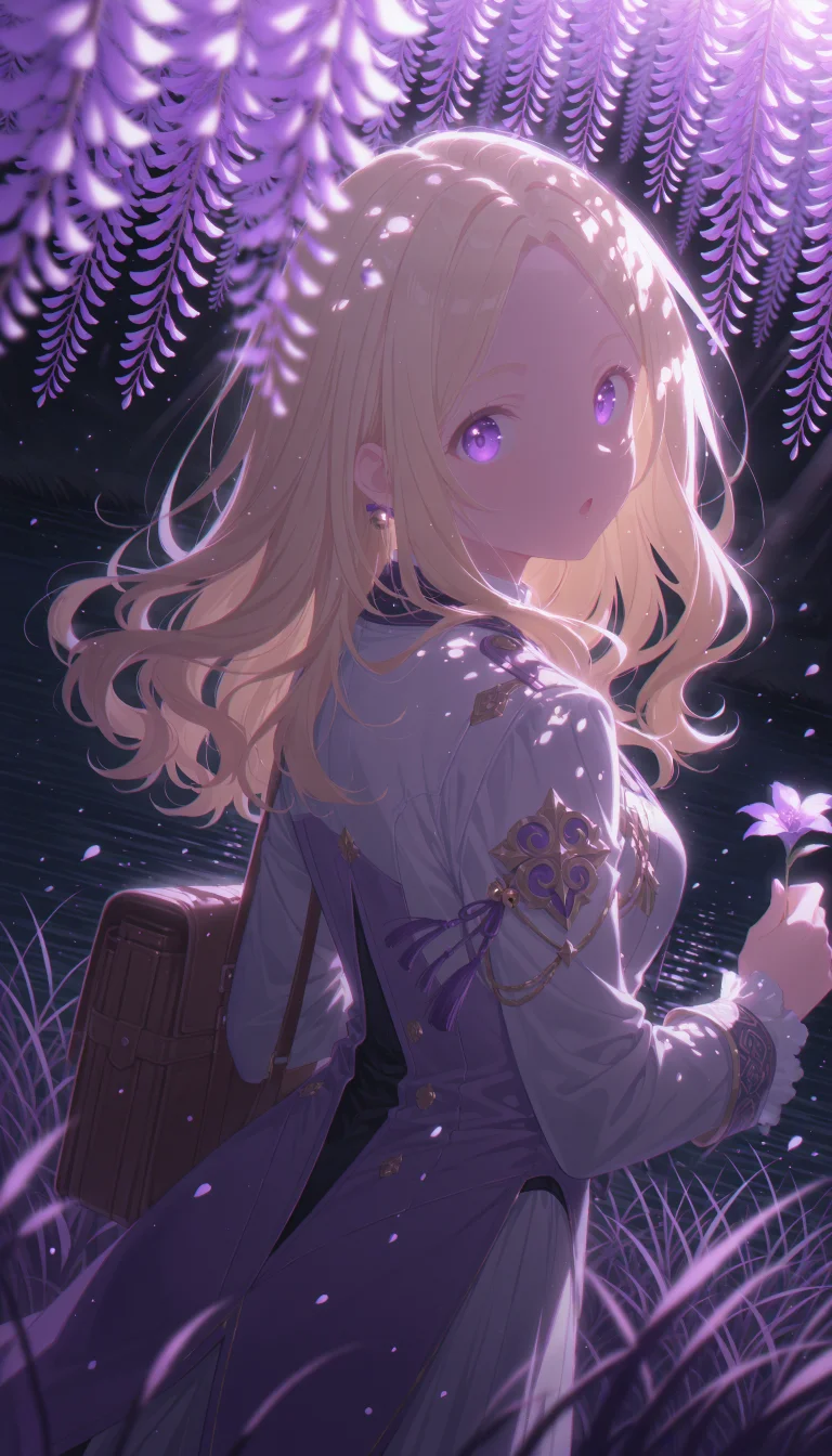 1girl, juo sena, gakuen idolmaster, purple eyes, long gradient blonde hair, parted bangs,
((:o,open eyes,confussed):1.1),
(standing,holding single flower_stalk)
wearing Tailcoat, hair bell,
BREAK
(looking at viewer:1.2), looking back seductively,
under tree, branch, (purple wisteria:1.3), bag, (purple grass:1.4), misty lake,
dreamy atmosphere,
QUALITY
(masterpiece, very aesthetic, absurdres),
BREAK
at day, haze, (cowboy shot,from side), dutch angle, portrait, (dappled sunlight:1.3), (sunbeam:1.1), (sunlight from side:1.2), (light rays:1.1), dramatic lighting, (glowing:1.4), (particles:1.2), (blurry background:1.1), (blurry foreground:1.3), purple shadow, high contrast
<lora:outline_xl_end:-12>, <lora:d\EnvyZoomSliderXL01:1>, <lora:aesthetic_anime_v1s:0.5>, <lora:StS-Illustrious-Detail-Slider-v1.0:1.25>, <lora:il_brightness_slider_d1:-0.5>, <lora:darkness_xl_v20:0.5>, <lora:Dramatic Lighting SliderIL:3>,