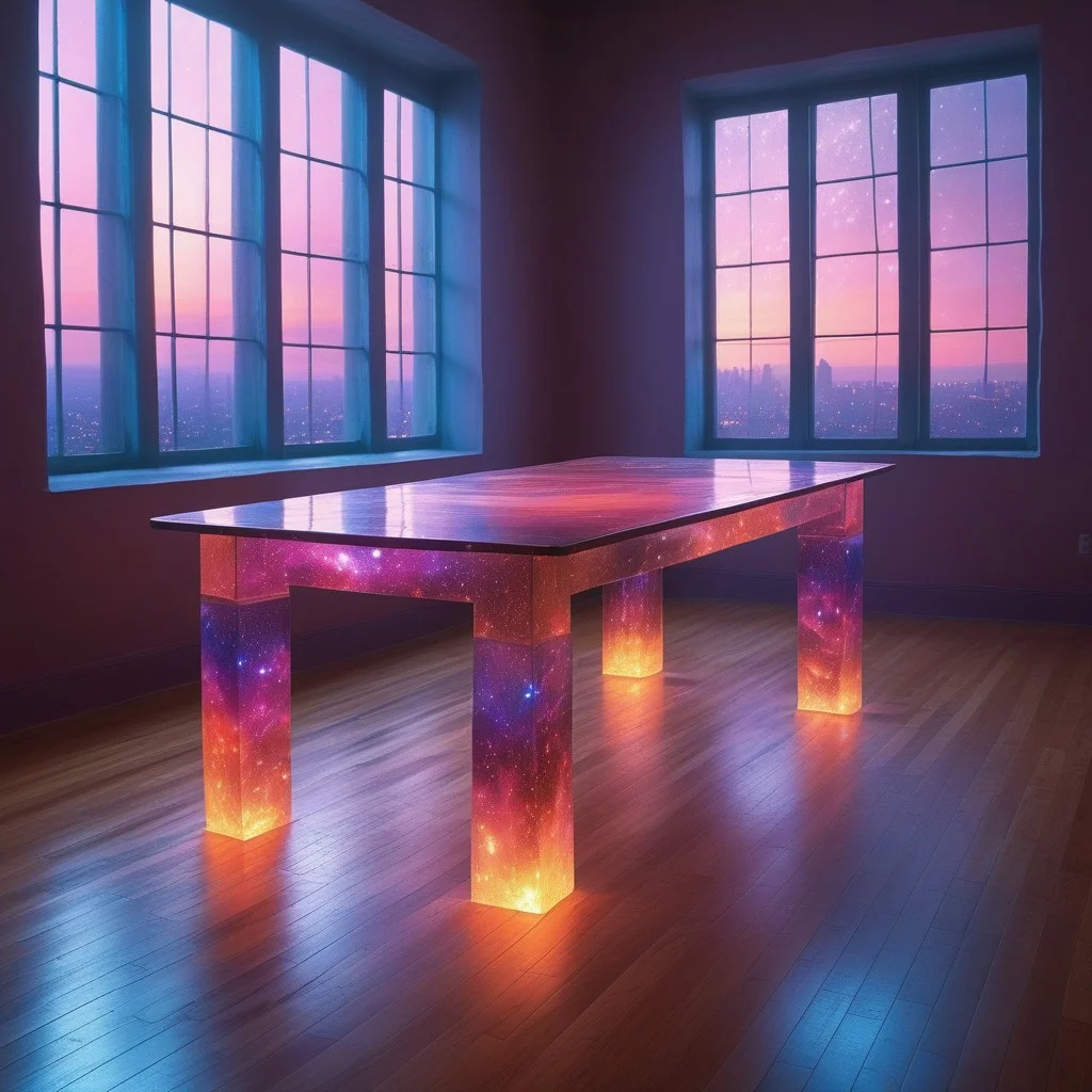 no humans, telephone, table, empty room, wide shot, galaxy color, luminous ethereal cityscape, large windows,