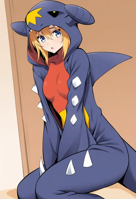 1girl, solo, garchomp, kigurumi, masterpiece, best quality