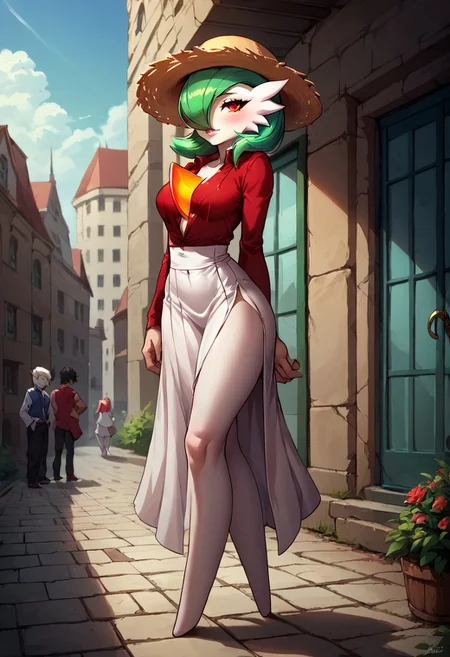 (((gardevoir))), female, anthro, porcelain white skin,score_9,score_8_up,, Expressiveh,full body focus,
BREAK
gardevoir, 1girl, short hair, green hair, big perky breasts, ,curvy body, 22yo, blushing, pouting, red eyes,lips,realistic,,mask, ((torn:1.3 Luffy gearseconds costume)), smirk, animification, , domino mask, straw hat, outdoors, city, at the roof,