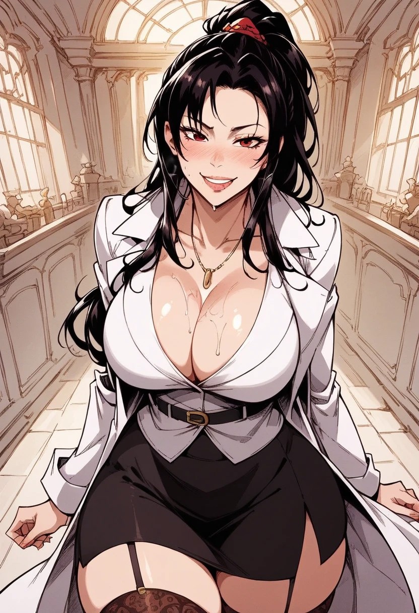 score_8_up, source_anime, (beautiful face, beautiful eyes, detailed eyes, detailed face:1.2),
1girl, solo, girl solo, slobber, hourglass shaped body, curvy figure,
front view, clear background, (shirt, black skirt, open doctor coat, stockings, belt),
dynamic standing seductive pose, seductive pose, half body,lewd face, slutty a lot, extream drooling,lewd face, slutty a lot, horny eyes, smug, high waisted thongs, high waisted thongs,
huge ass, huge tits, large ass,
beautiful anime face, detailed anime face,
(wide hips:1.3), milf, 
Ayano Sukuba, black hair, ponytail hair, long hair,shirt, skirt, red eyes, doctor coat, stockings, big breasts, big hips, lewd, slutty,