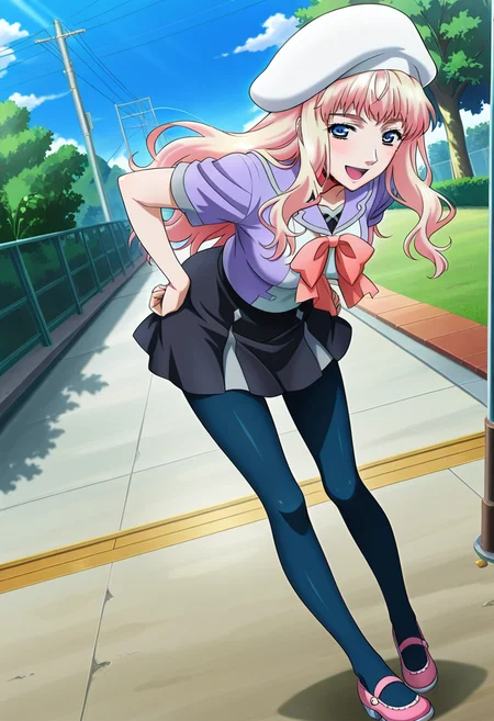 school, outdoor,
BREAK,
open smile, hands on hip,
full body, dynamic angle,
BREAK,
<lora:sherylX_illustriousXL_v01:0.9>
sheryl nome, sherylMihoshi, blonde hair, gradient hair, blue eyes, white beret,
school uniform, pink bow, black skirt, purple shirt, mini skirt, short sleeves,
blue pantyhose, pink shoes,, source_anime, very aesthetic, anime coloring, masterpiece,
best quality, amazing quality, ultra detailed, very aesthetic,
detailed background,
BREAK,