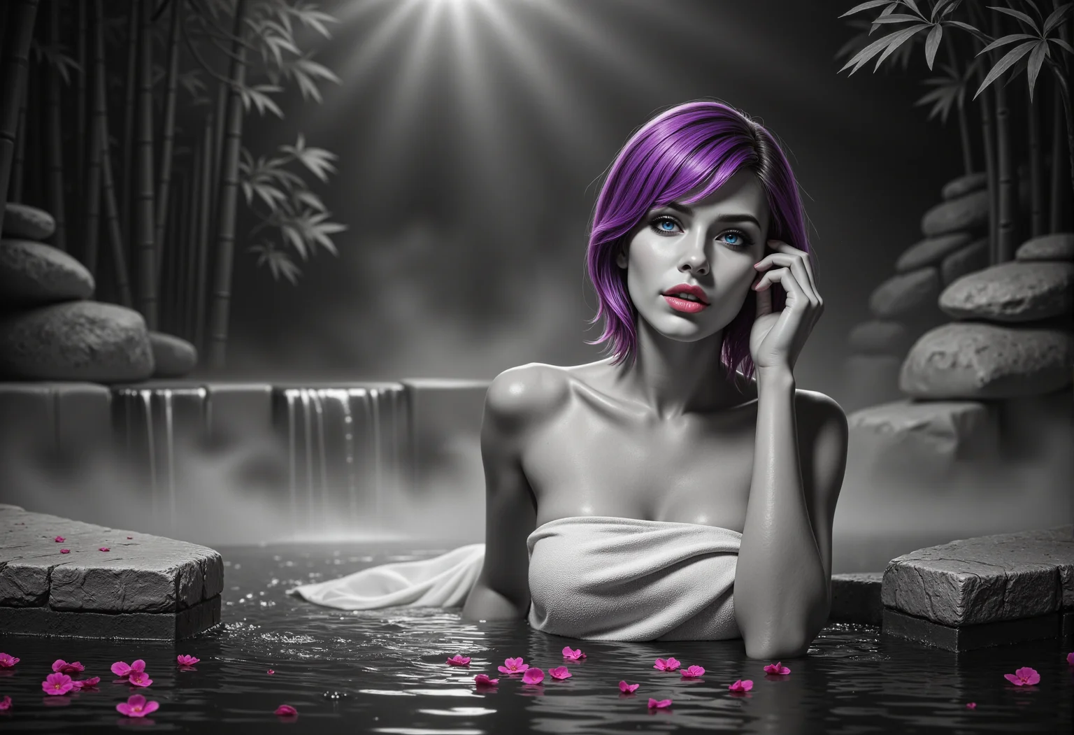 dyngru, ral-ertmsphr, selective color. A captivating solo shot in a serene Japanese onsen captures a young, stunning woman with a mesmerizing and sensual presence. The image is predominantly black-and-white, with selective color highlighting her most striking features. Her face closely resembles the reference image, featuring soft, symmetrical features, high cheekbones, a confident smile, and bright blue eyes that are vividly colored, standing out against the grayscale background. Her lips are soft pink, slightly parted, adding a hint of seduction to her expression. The vivid color of her eyes draws the viewer's gaze, enhancing her magnetic allure. The scene exclusively focuses on her, a single figure against a dynamic backdrop of a traditional onsen, where rugged, natural rock formations line the edges of the warm, steaming water. In the background, tall bamboo stalks rise gracefully, their delicate, swaying fronds providing a natural frame. Soft steam from the onsen water blends with the mist, creating a dreamy atmosphere that envelops her alone. Her hairstyle is a contemporary, edgy cut with layers that add volume and a sense of movement. The hair falls just past her shoulders, with face-framing layers and long, side-swept bangs that softly cascade across her forehead, accentuating her eyes and cheekbones. The hair color is rich purple, with select strands vividly highlighted in violet, adding a striking visual contrast. These vibrant highlights catch the light, drawing attention to her face and enhancing her modern look within the tranquil, natural setting. She is wrapped in a simple, white towel that clings to her body, the fabric slightly damp and semi-translucent, subtly revealing her curves and enhancing her sensual allure. She is positioned in various spots around the onsen, always alone, adding variety and interest to the scene: - Reclining on a large, flat stone just above the water level, her body stretched out comfortably, one arm resting behind her head, the other trailing fingers in the water. - Kneeling by a small, natural waterfall within the onsen, her hands gently catching the falling water, her expression one of pure contentment. - Lying on her back on a sun-warmed rock, her eyes closed, one hand resting lightly on her chest, the other trailing into the water . The dynamic lighting casts soft, sensual shadows across her face and body, emphasizing her natural contours and adding depth to the scene. Selective color draws focus to her vivid eyes, lips, and highlighted hair strands, creating a striking contrast against the monochrome stones and bamboo backdrop. The atmosphere is further enriched with dynamic and stylistic elements that add depth and visual intrigue: light mist drifting around her, catching the colors of her highlighted hair. Environmental details like cherry blossom petals drifting lazily on the water enhance the tranquility and intimacy of the onsen setting, bringing the stones and bamboo into focus. The choice of camera angles enhances the sceneâs focus on the solo figure and the traditional onsen environment: - A close-up shot captures her sultry expression, with selective color accentuating her eyes and lips, framed by soft shadows that dance across her face and the smooth stone background . - A top-down view highlights her reclining on a flat stone, her body relaxed, with the surrounding stones and bamboo framing her perfectly. (monochrome effect:1.5), (dynamic atmosphere:1.8), (soft steam:1.6), (serene environment:1.8), (dynamic lighting:1.5), (shadow play:1.4), (water droplets on lens:1.3), (hair detail:1.6), (misty background:1.6), (rippling water:1.4), (cherry blossom petals:1.2), (sultry expression:1.6), (wet towel:1.5), (intimate pose:1.6), (solo shot:2.0), (vivid eyes:1.7), (natural hands:1.5), (correct anatomy:1.7), (realistic fingers:1.6), (stone edges:1.4), (bamboo leaves:1.5) , <lora:opt-selective_color_v45-nf4.safetensors:1.0:1.0> <lora:ral-ertmsphr_flux.safetensors:0.7000000000000001:0.7000000000000001> <lora:dynamic-grunge-flux-v1.safetensors:0.5:0.5> <lora:aidmaNSFWunlock-FLUX-PonyStyle-v0.1.safetensors:0.7000000000000001:0.7000000000000001>