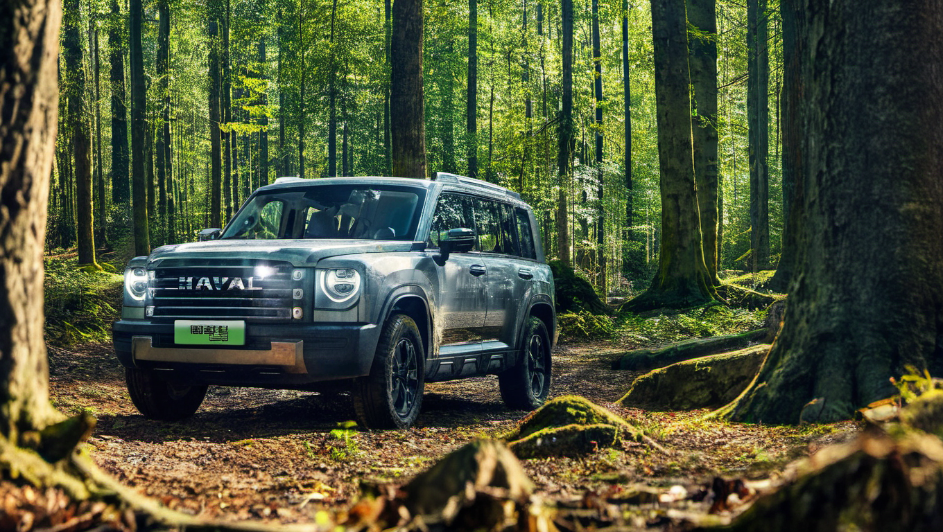 a silve menglong b26 with its headlights on, parking  on the middle of the forest. photo, realistic <lora:sdxl_menglong_b26_9_16:1.0>