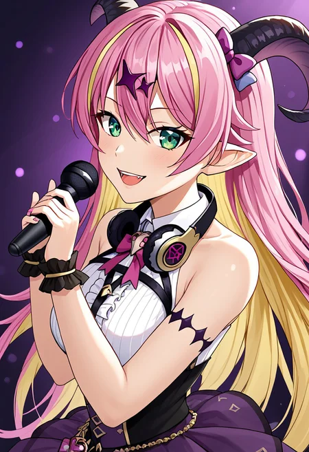 1girl, solo, highres, ManoAloe, long hair, multicolored hair, blonde hair, pink hair, demon horns, pointy ears, hair ornament, asymmetrical horns, green eyes, bangs, hair between eyes, colored inner hair, hair bow,
bare shoulders, bow, chest harness, sleeveless shirt, wrist cuffs, purple skirt, arm strap, white shirt, headphones, headphones around neck,
upper body, smile, looking at viewer, open mouth, singing,
((((((microphone, holding microphone,)))))))