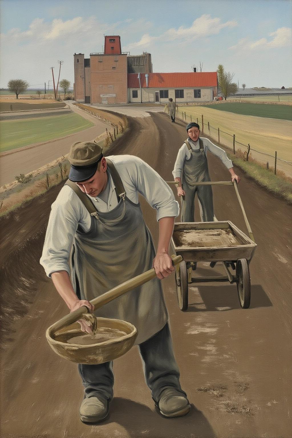 lauritsandersenring1 painting. Two workers engaged in manual labor. In the foreground, a worker is mixing cement, wearing a cap and apron. Another worker pushes a cart further down the path. In the background is a large building with a red roof and brick structure, surrounded by fields and a clear sky. <lora:lauritsandersenring1_cap_d8a4e13:1.0><lora:857024708737037206:0>