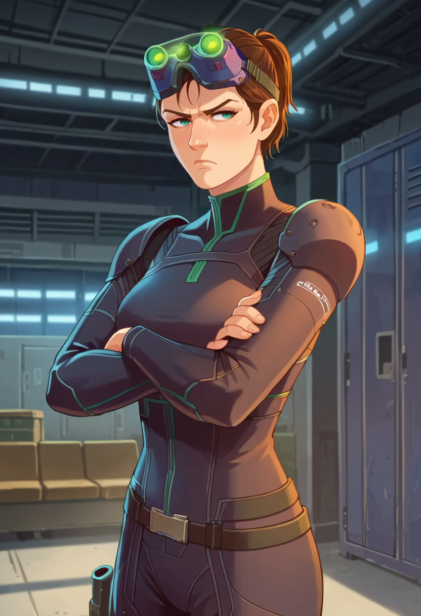 score_9,score_8_up,score_7_up,score_6_up,source_anime BREAK anime screencap 1girl,sarahfisher, <lora:Sarahfisherpony:1>,ponytail,brown hair,black bodysuit,science fiction,armor,helmet,night vision goggles,goggles on head,standing,straight on,scowling,crossed arms,indoors,warehouse,detailed background