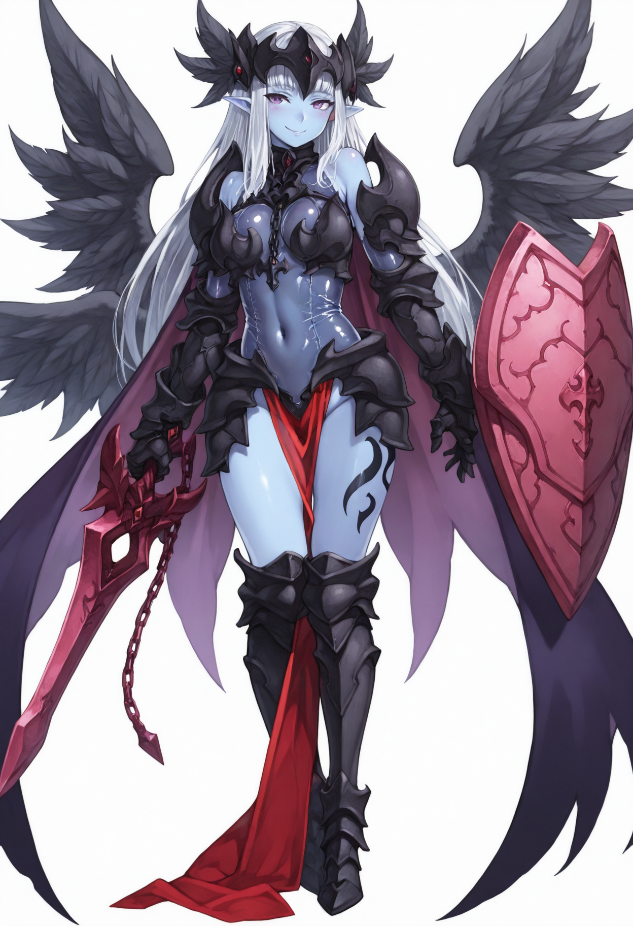 masterpiece, high quality, best quality, highres, 1girl, solo,
darkvalkyriemge, long hair, colored skin, blue skin, revealing armor, black armor, pointy ears, pink sword, pink shield, black greaves, black gauntlets, black visor, black choker, gradient cape, leg tattoo, red pelvic curtain, purple cape,  chain, black leotard, see-through leotard, purple eyes, feathered wings, multiple wings,  navel, gauntlets, black wings, white hair, pelvic curtain, holding sword, head wings,
looking at viewer, evil smile, blush, 
anime, white background, simple background, full body,dynamic pose,
 <lora:valkyriesmge-000009:0.9>