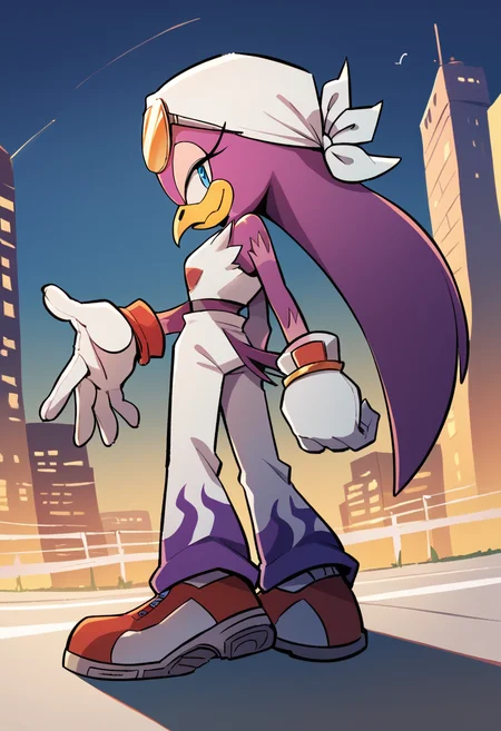 <lora:Wave-05:1> wave, gloves, eyewear on head, animal nose, bird beak, , furry female, purple hair, sunglasses, tinted eyewear, blue eyes, white pants, white top, white bandana, short top, golden rings on wrists, shoes, city, upper body,, score_9, score_8_up, score_7_up, source_anime,