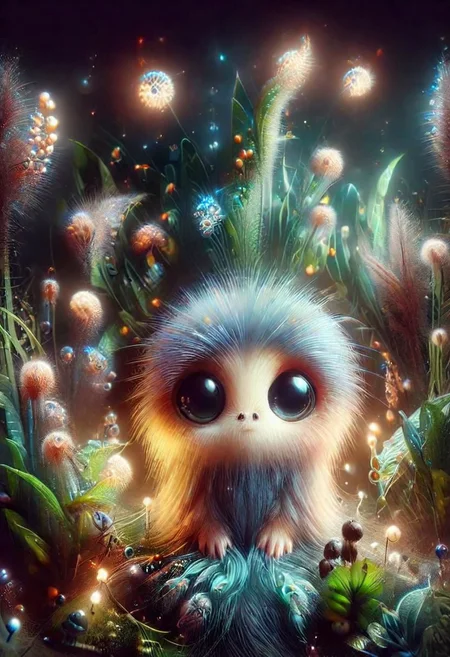 Mix the glowing-mushrooms, Guinea pig and curly fur to create adorable magical creature with big glowing eyes, masterpiece, Surrealism, close-up, macro photo, f/1.2, backlighting, Albert Edelfelt, multicolored hair