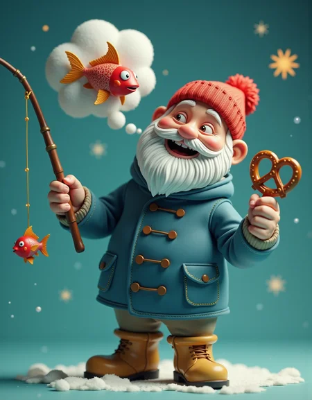 A jolly 3D-animated grandpa, his rosy cheeks glowing like sugarplums, wears a scarlet beanie tilted jauntily over snow-white whiskers. A woolen azure coat with brass-button details hugs his rounded frame, while sunshine-yellow galoshes peek beneath. He hoists a vintage bamboo fishing rod, a cartoonish ruby-red fish dangling merrily (its scales shimmering with pearlescent gradients). A golden-brown pretzel in his opposite hand glows faintly, as twin thought bubblesâone puff-cloud, one sunburstâfloat above. The teal backdrop softens into a frosted gradient, with bokeh snowflakes twinkling like fairy lights. Volumetric lighting highlights his twinkling eyes and the fishâs mischievous grin.
_________
dramatic beauty, otherworldly quality, soft lighting, shallow depth of field, high detail, dynamic composition, cinematic shot, film grain, balanced shadows, harmonic colors, emotional depth, symbolic meaning, innovative props/costumes, timeless elegance, modern themes, iconic imagery, unforgettable moment, captivating beauty, stunning impact, thought-provoking, artistic vision, masterful execution.
<lora:cheats:0.4> <lora:NOOB_vp1_detailer_by_volnovik_v1:0.5> <lora:- Flux1 - soothing_atmo_V2.0:0.1>