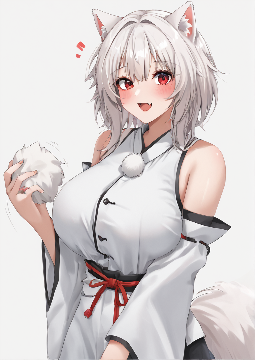 1girl, inubashiri momiji, huge breast, animal ears, blush, detached sleeves, fang, holding own tail, looking at viewer, medium hair, open mouth, pom pom (clothes), red eyes, shirt, sleeveless, sleeveless shirt, solo, tail, upper body, white hair, white shirt, wolf ears, wolf tail,  <lora:Yobi:1>