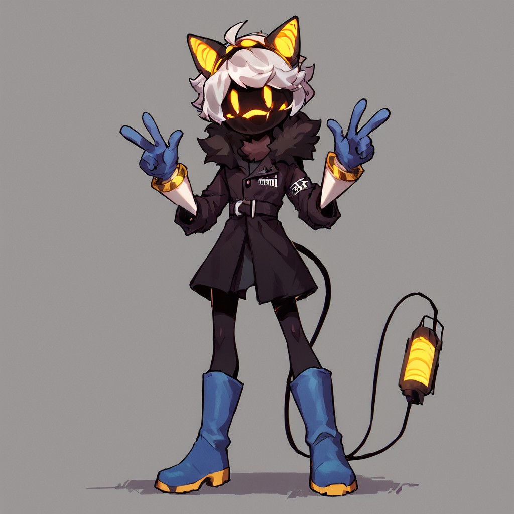 score_9, score_8_up, score_7_up, score_6_up, score_5_up, easynegative, Murder Drones, murderdrone Robot, ((Pink and Green Eyes)), ((((Screen Face, Screen covers entire face)))), no mouth, Yellow Visor, Silver Hair, Headphones, Tail, Stinger Tail, Leather Jacket, Fur Collar, Red Fur Collar, expressive eyes, happy, rave background, blue boots, blue gloves, no face