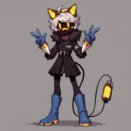 score_9, score_8_up, score_7_up, score_6_up, score_5_up, easynegative, Murder Drones, murderdrone Robot, ((Pink and Green Eyes)), ((((Screen Face, Screen covers entire face)))), no mouth, Yellow Visor, Silver Hair, Headphones, Tail, Stinger Tail, Leather Jacket, Fur Collar, Red Fur Collar, expressive eyes, happy, rave background, blue boots, blue gloves, no face
