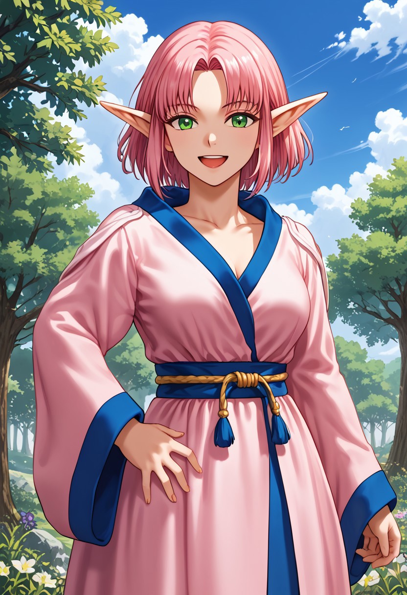 score_9,score_8_up,score_7_up,source_anime,5_figner,2d_animation,game cg,BREAK,1girl,solo,mature female,
ESUNA BUSY,elf,green eyes,pink hair,short hair,parted bangs,short bangs,pink dress,pointy ears,fantasy,long sleeves,robe,
medium breasts,smile,open mouth,upper body,
cloud,outdoor,grassland,tree,
masterpiece,best qualit,ultra-detailed,illustration,an extremely delicate and beautiful,beautiful detailed eyes,unity 8k wallpaper,high resolution,anime CG,official_art,