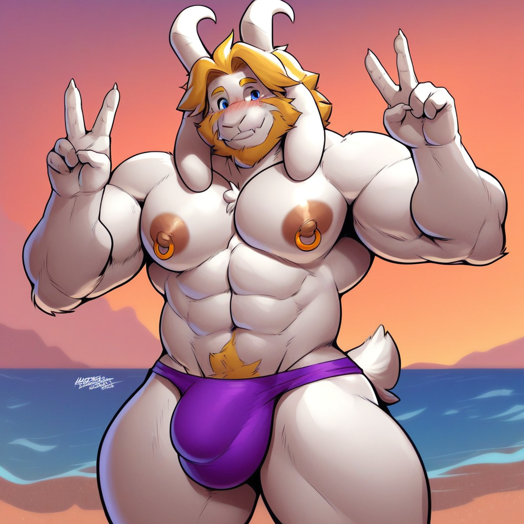 furry, Asgore Dreemurr, goat boy, older, mature, cartoon style, 2d, male, thick thighs, blue eyes, wide hips, voluptuous, blushing, smiling softly, sexy, peace sign with left hand, standing, purple speedo, large bulge, topless, muscular male, abs, large pectorals, big nipples, gold nipple ring piercings, beach, solo, score_9, score_8_up, score_7_up, score_6_up, score_5_up, score_4_up,