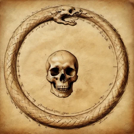 Human skull in the center surrounded by an Ouroboros snake eating its own tail, snake with its tail in its mouth, snake, solo snake, drawn on ancient parchment paper, background is parchment paper, detailxl, background.