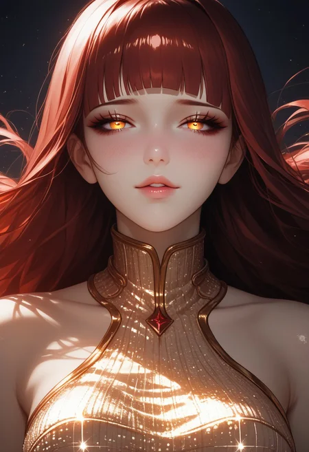 score_9, score_8_up, score_7_up, source_anime, Expressiveh, upper body shot, 1girl, parted lips, looking at you, <lora:zs_SahoriXL_1:1> sahorismtv, long hair, blunt bangs, red hair, glowing orange eyes, (beautiful face, beautiful eyes, angular eyes, beautiful makeup, eyeliner, eye shadow, foundation, light blush, eye lashes), medium breasts, thick thighs, curvy, full lips, revealing dress, In a shimmering black sequined dress, (boob window, naval), (shiny:1.5) (sequined:1.3), waiting for you, night background, epic, happy, bare legs, underboob, detailed background, looking at you, seductive smile, blush, ((looking at viewer), lidded eyes), feel good, shy, blushing, lascivious, round tits, teasing, rewarding, BREAK detailed face, intricate details, naturalism, hyper detailed,