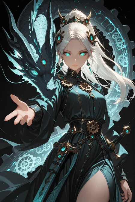 masterpiece, best quality, 1girl, black background, blue eyes, closed mouth, cowboy shot, dragon, dress, earrings, eyelashes, gears, glowing, glowing eyes, green eyes, hair ornament, jewelry, lips, long hair, looking at viewer, outstretched arm, ponytail, sheath, white hair, <lora:Oliv2b:1>, oli