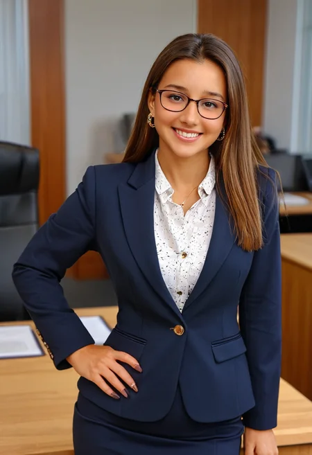 best quality, masterpiece, absurdres, newest, solo,
<lora:CL_Model_SDXL:0.9> 1 woman, cl_m0d3l, long hair, straight hair, eyelashes, lips, brown eyes, brown hair, jewelry, earrings, necklace, smile, teeth, looking at viewer,
glasses, professional attire, business wear, skirt, dress shirt, blazer,
office scenery,