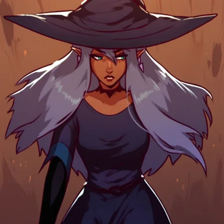 score_9, score_8_up, score_7_up, source_anime, cowboy shot, BREAK 1girl, Rizella, dark-skinned female, long hair, hair between eyes, pointy ears, witch hat, dress, choker, elbow gloves,