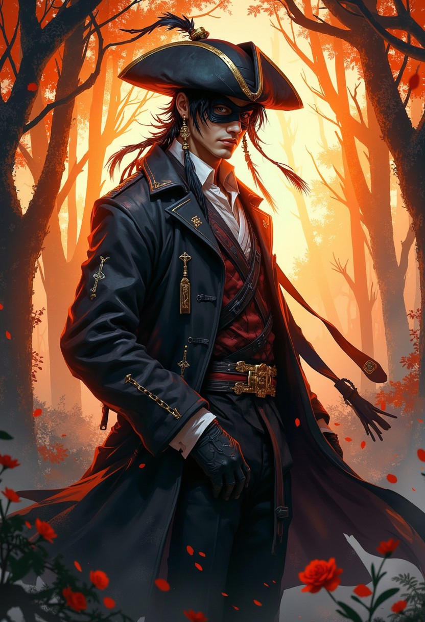 A digital painting in the style of ck-js,  portrait of a stunning chinese highwayman, tricorne hat, long earrings, long coat, mask, standing in forest clearing, sunset