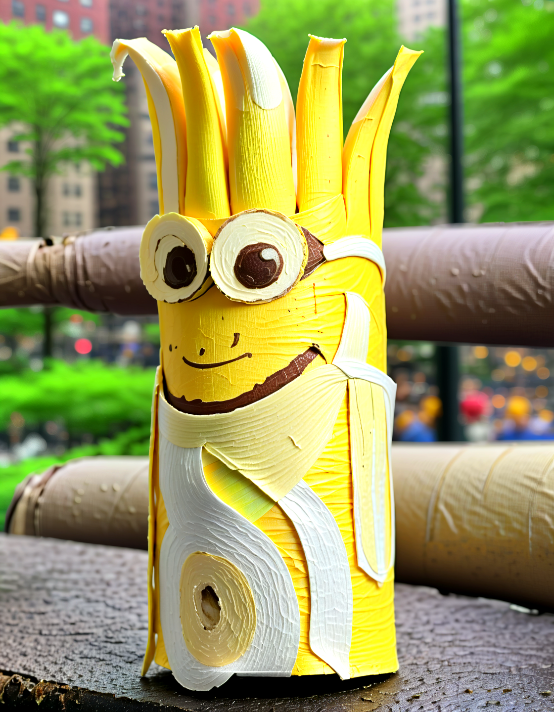Macro Photography a banana made of toilete paper roll, tprc style, outside in new york,  clorfull, masterpice, 8k,,, Macro Photography, often for close-up views, small subjects, or detailed examination.