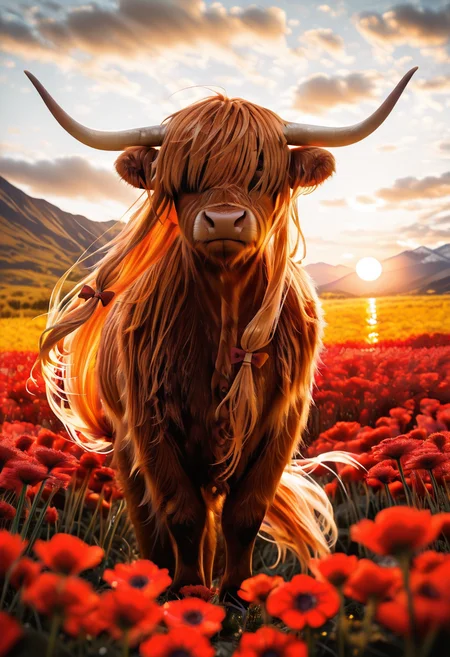 masterpiece, best quality, (long flowing in the wind:1.2), no humans, lora:IbukiSuikaTouhouIXL:1.0>, zzSuika, brown eyes, hair bow, horns, long hair, low-tied long hair, oni horns, orange hair, very long hair, horn ribbon, zzCow, solo, flower, outdoors, sky, cloud, blurry, cloudy sky, red flower, scenery, sunset, ,, mountain, sun, field, flower field, year of the ox, sunrise, hair over eyes, ,<lora:HighlandCow_IXL:1.0>,