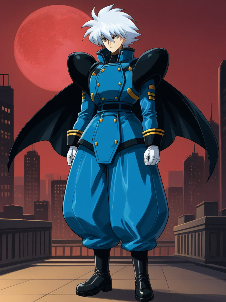 1boy, solo, keithpfone, white hair, spiked hair, blue eyes, shirt, long sleeves, popped collar, shoulder armor, baggy pants, boots, gloves, cape, boots, military uniform, outdoors, city, red moon, night, standing, serious, full body,