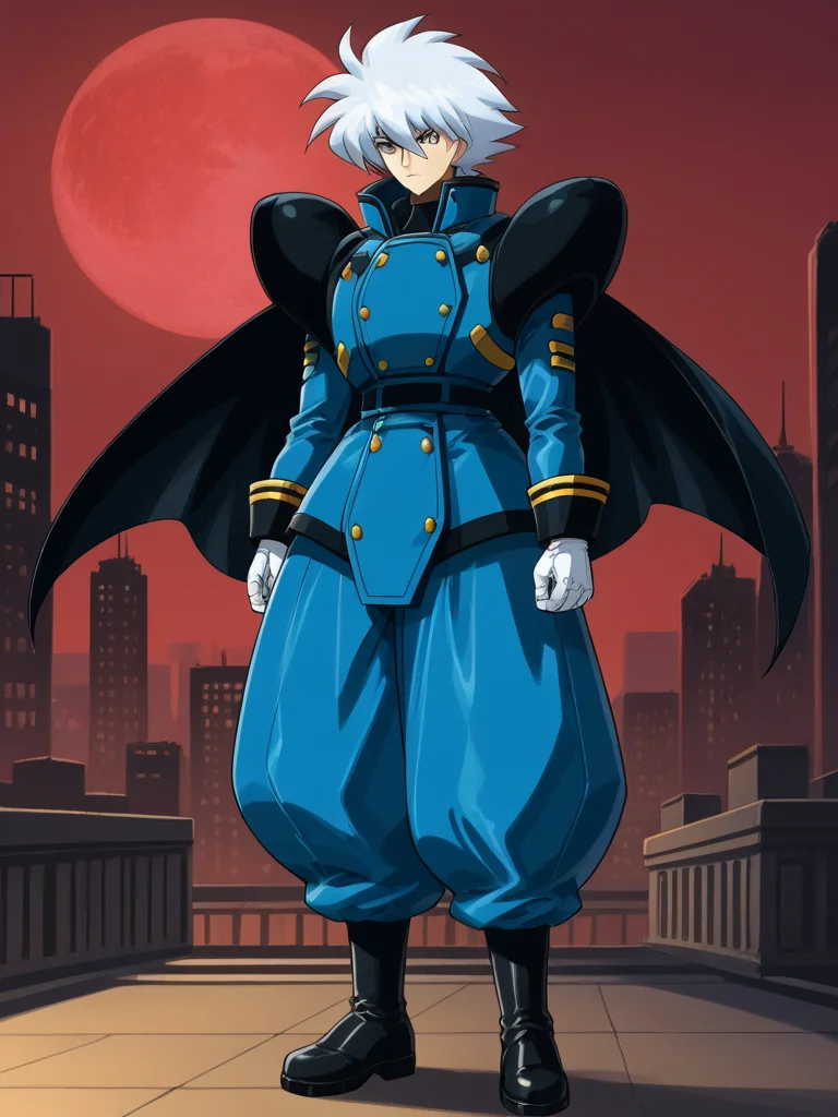 1boy, solo, keithpfone, white hair, spiked hair, blue eyes, shirt, long sleeves, popped collar, shoulder armor, baggy pants, boots, gloves, cape, boots, military uniform, outdoors, city, red moon, night, standing, serious, full body,