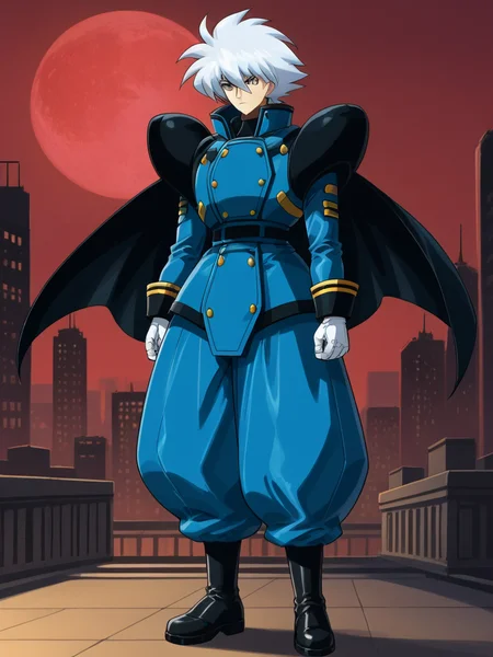 1boy, solo, keithpfone, white hair, spiked hair, blue eyes, shirt, long sleeves, popped collar, shoulder armor, baggy pants, boots, gloves, cape, boots, military uniform, outdoors, city, red moon, night, standing, serious, full body,