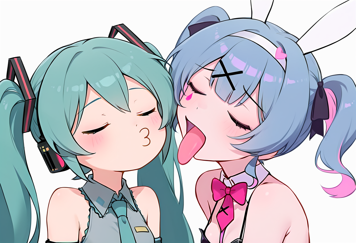 masterpiece, best quality, absurdres, 2girls, simple background, upper body, closed eyes, white background, 
BREAK
hatsune miku, detached sleeves, grey shirt, necktie, puckered lips, open mouth, o3o
BREAK
hatsune miku, rabbit hole \(vocaloid\), playboy bunny, tongue, tongue out,
<lora:notyet_kiss_vs_expecting_a_kiss_with_tongue-10 (1):1>