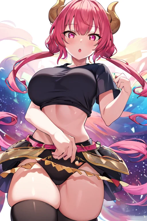 <lora:iluluKobayashi_v20final:0.6>ilulu 1girl, solo, breasts, looking at viewer, blush, open mouth, bangs, large breasts, simple background, shirt, thighhighs, white background, twintails, pink hair, short sleeves, multicolored hair, horns, black thighhighs, :o, black shirt, slit pupils (realistic:1.2), (realism), (masterpiece:1.2), (best quality), (ultra detailed), (8k, 4k, intricate),(full-body-shot:1),(Cowboy-shot:1.2), (85mm),light particles, lighting, (highly detailed:1.2),(detailed face:1.2), (gradients), colorful,(detailed eyes:1.2),(detailed background),detailed landscape, (dynamic angle:1.2), (dynamic pose:1.2), (rule of third_composition:1.3), (Line of action:1.2), wide shot, daylight, solo,