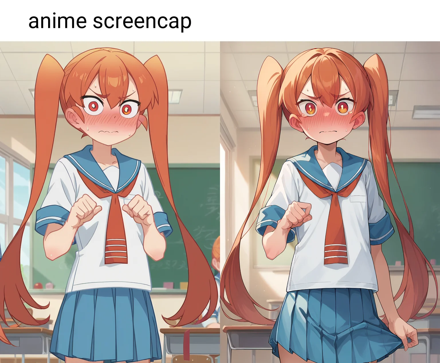 score_9, score_8_up, score_7_up, source_anime, masterpiece, 1girl, ctianuen0, petite, serafuku, blue skirt, pleated skirt, blue sailor collar, looking at viewer, blush, embarrassed,  cowboy shot, classroom <lora:UenoPONYct:0.8>, anime screencap,