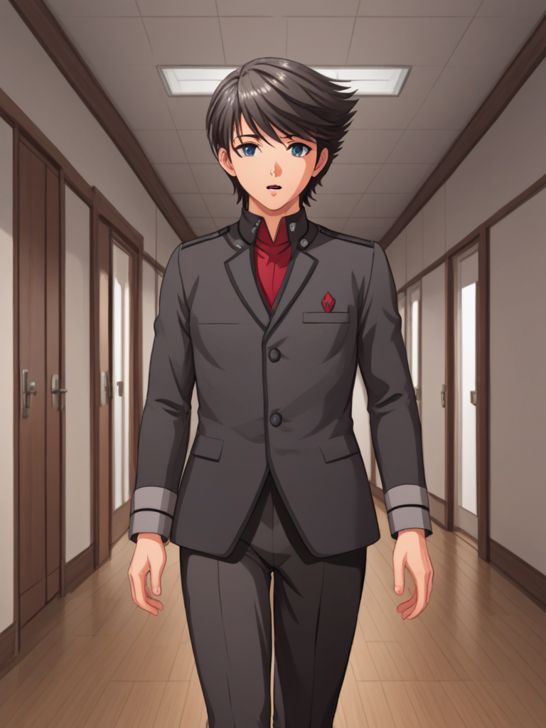 1boy, solo, ethantokiohollo, black hair, swept bangs, blue eyes,, black jacket, closed jacket, red shirt, black pants, school uniform, gakuran, emblem, indoors, school, corridor, walking, parted lips, cowboy shot,
