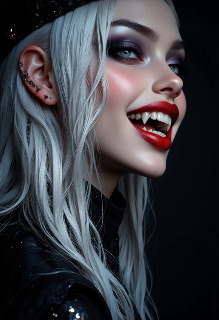 masterpiece, high detail, masterpiece, closeup portrait of stunning oriental vampire woman, long silver hair with white streak, dark eyeshadow, red lips, mouth slightly open showing fangs, chiascuro, sexy, seductive, erotic, direct gaze, dark background. highest definition, HD32K, wallpaper, hyperdetailed, concept art, extreme closeup, side profile