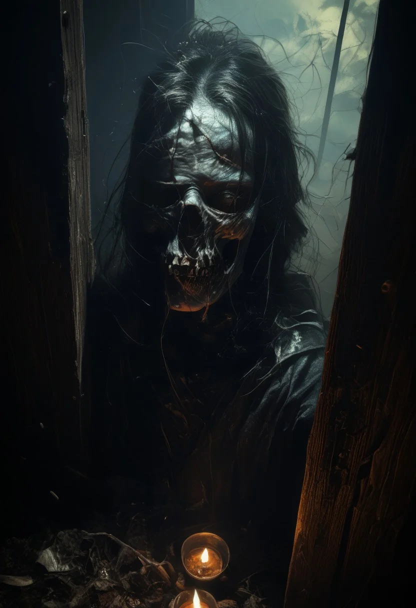 score_9, score_up_8, masterpiece, best quality, explicit, high detail,newest, safe, rating_explicit, fantasy, scary, horror, grotesque, nighttime, noticeable noise in dark areas, dynamic angle, full body shot, focus on face BREAK A very thin woman looks through the window at the viewer, her light hair is tangled, her lips are whispering a spell, green sparkles are burning in her eyes, the expression on her face does not bode well. She is dressed in black clothes with lace covering her body to the throat, her skin is the color of alabaster, the window through which she is looking is covered with cracks, the glass is cloudy. The atmosphere of the frame resembles the film "Sleepy Hollow", a very creepy and grotesque atmosphere. BREAK indoors, window, candles, dark theme, fog, dim white light from behind, dramatic light.